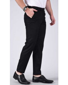 Regular Fit Men Black Polyester Viscose Blend Trousers